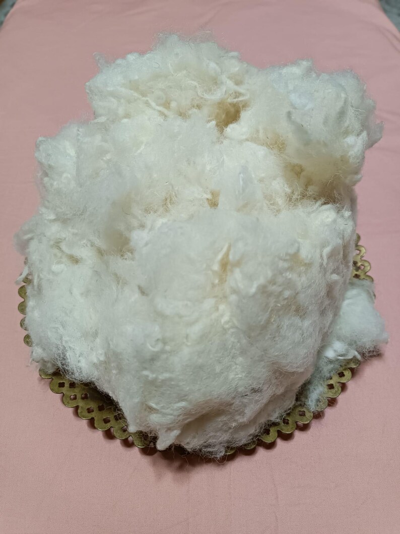 May include: A mass of soft, off-white fibre, possibly wool or cotton, rests on a decorative, gold-coloured plate with a scalloped edge. The fibre has a cloud-like appearance and a textured surface. The background is a plain, light pink surface.