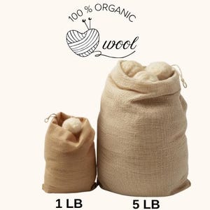 May include: Two beige burlap sacks of organic wool. The smaller sack is labeled "1 LB" and the larger sack is labeled "5 LB". Above the sacks is a graphic of a yarn ball with the text "100% ORGANIC wool".