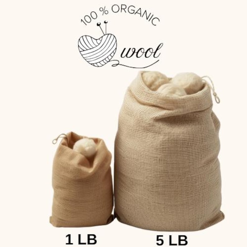 May include: Two beige burlap sacks of organic wool. The smaller sack is labeled "1 LB" and the larger sack is labeled "5 LB". Above the sacks is a graphic of a yarn ball with the text "100% ORGANIC wool".