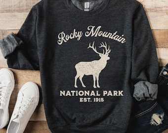 Rocky Mountain National Park  Vintage Elk Graphic Crewneck Sweatshirt  EST 1915 Colorado Souvenir Hiking Outdoors Gift Unisex Park Lover