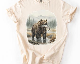 Retro Bear Fishing Shirt 90s Wildlife Graphic Tee Vintage Forest Nature Comfort Colors Gift Outdoorsy Y2K Rustic Unisex, National Park Shirt