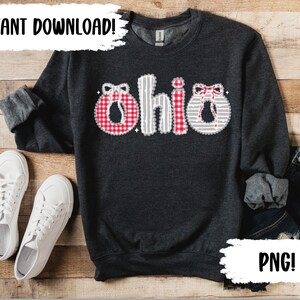 May include: Dark gray sweatshirt with the word "Ohio" in a decorative design. The letters are white and red, with a gingham pattern. The image also includes white sneakers, and the text "INSTANT DOWNLOAD!" and "PNG!"