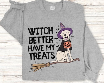 Zabawna bluza z psem na Halloween | Jesienny sweter z psem czarownicą na miotle | Okrągły dekolt dla miłośników zwierząt | Przytulna bluza na Halloween dla mam psów