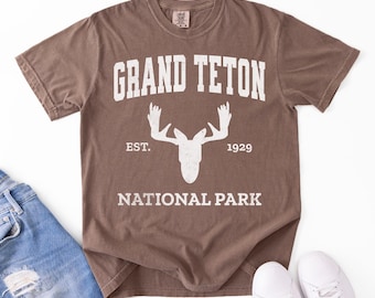 Grand Teton Distressed National Park Collegiate Shirt, Wyoming Moose Tee, Vintage National Park Souvenir, Comfort Colors Nature T Shirt