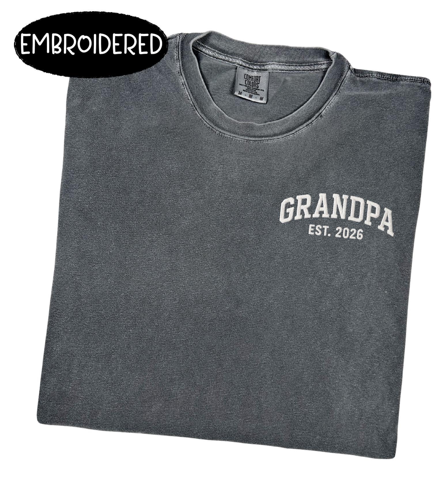Grandpa EST 2026 Embroidered Comfort Colors T Shirt | Left Chest