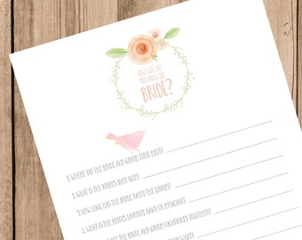 How well do you know the bride? Bridal shower game, Printable PDF, bridal shower printable games, bridal shower printable download