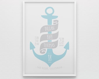 Nautical anchor birth stats nursery art print for boys, baby blue and light gray, new baby boy gift, newborn gift, nautical wall art