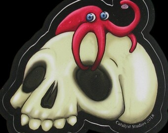 Skol! Octopus on skull drinking wine vinyl sticker Catalyst Studios exclusive