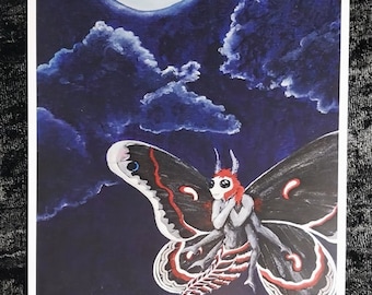 Moth Loves the Moon fine art print A. S. Koi cecropia mothman 5x9 inches