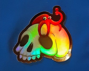 Skol! Octopus on skull drinking wine vinyl sticker holographic version