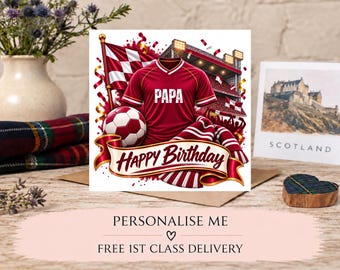 Tarjeta de cumpleaños de fútbol personalizada granate y blanca / Felicitación personalizada para aficionados con camiseta / Cualquier nombre