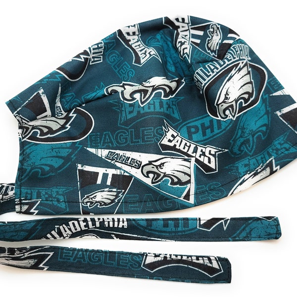 Mens Surgical Scrub Hat Handmade in the USA Philadelphia Eagles Cotton Fabric Nurse Cap Tie Back Doctor ER Chemo Surgery Skull