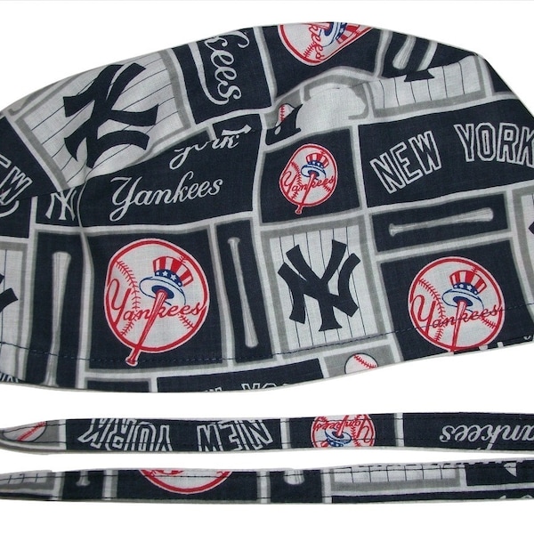 Mens Surgical Scrub Hat Handmade in the USA New York Yankees Cotton Fabric Nurse Cap Tie Back Doctor ER Chemo Surgery Skull (2)