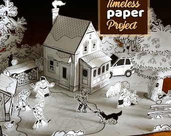 Escena de hockey invernal de ensueño: kit de diorama de plantilla de casa de papel para una actividad tranquila - Diorama de papel imprimible