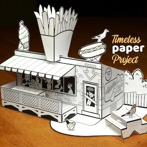Printable paper Snack Bar templates– DIY 3D house Model, restaurant Craft Kit