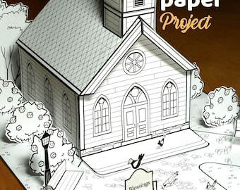 Puede incluir: Un modelo de manualidad en papel 3D de una iglesia con campanario, ventanas arqueadas y techo de tejas. La escena incluye árboles de papel, un banco, una farola y un letrero que dice "Blessings grow here". Se ve el texto "Timeless paper Project".