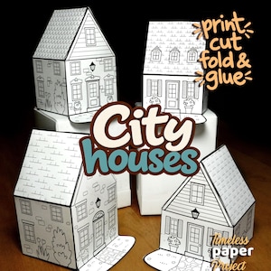 Printable Paper City house templates for beginner/kids, village starter kit, educational craft. PDF