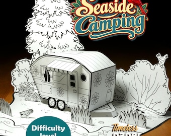 Puede incluir: Un kit de manualidades en papel con una caravana, árboles y pájaros en blanco y negro. El texto dice Seaside Camping y Timeless Paper Project, con un círculo azul verdoso Difficulty level 2/10 y diseños florales en la caravana.
