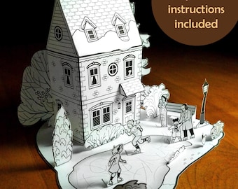 Diorama de papel de patinaje familiar, plantilla imprimible de casa de paperCraft (kit PDF)
