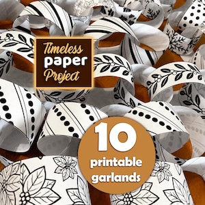 Printable Scandinavian winter Garlands – 10 Black & White Paper Chain Patterns – Holiday DIY ornament