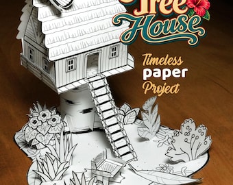 Puede incluir: Un modelo de casa del árbol de papel en blanco y negro con una escalera, una mariposa en el techo y follaje. El texto dice Tree House Timeless paper Project con un gráfico de flor de hibisco roja cerca del título.