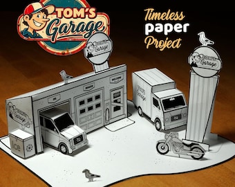 Puede incluir: Un modelo de papel de Tom's Garage que incluye un edificio blanco con puerta de garaje, un camión de reparto, una motocicleta y un letrero alto. El set incluye los textos Tom's Garage, Oil, Brakes, Welcome, Ice y Timeless paper Project.