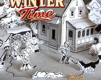 Puede incluir: Un diorama de papel titulado Winter Time que muestra una casa, árboles cubiertos de nieve y figuras jugando al hockey sobre hielo. La escena incluye un portero, patinadores con palos de hockey y un perro. Texto: Winter Time y Timeless paper Project.