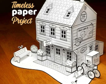 Plantillas imprimibles para el mercado de papel, manualidades en papel: kit de casa diorama vintage (descarga digital)