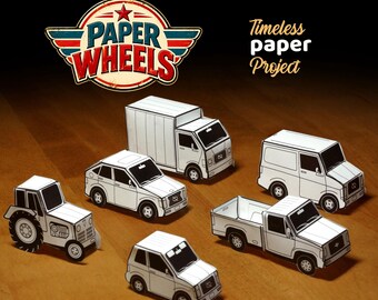 Puede incluir: Una colección de seis vehículos de papel blanco que incluye un tractor, un sedán, un camión, un coche pequeño, una furgoneta y una camioneta. El logotipo Paper Wheels y el texto Timeless paper Project aparecen sobre los modelos.