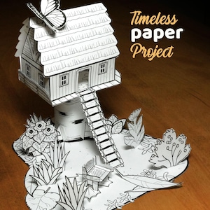 Paper tree house template, diy 3d,  travel or vacation project, calm papercraft activity, download pdf