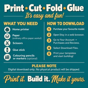 May include: A teal instructional graphic titled Print Cut Fold Glue. It lists required items like a home printer, paper, scissors, glue stick, and coloring pencils. It outlines a five-step download process and notes it is a digital download.
