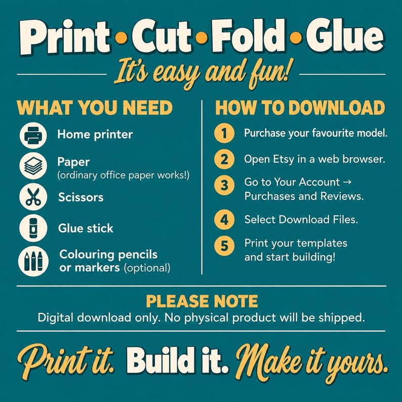 May include: A teal instructional graphic titled Print Cut Fold Glue. It lists required items like a home printer, paper, scissors, glue stick, and coloring pencils. It outlines a five-step download process and notes it is a digital download.