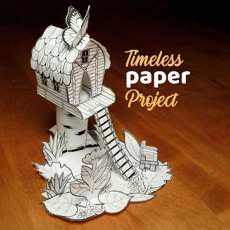 May include: A white paper craft structure featuring a small house with a butterfly on the roof, a ladder, and a base decorated with leaves and flowers. The text Timeless paper Project is printed in orange next to the paper house model.