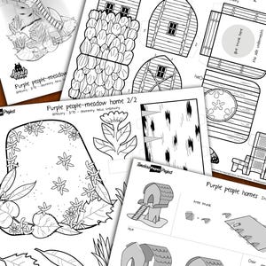 May include: A paper craft kit titled Purple people-meadow home featuring black and white line art templates for building a miniature hut. The sheets include diagrams for walls, a roof, a tree trunk, and foliage, with instructions for assembly.