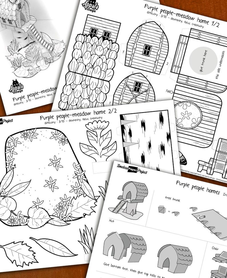 May include: A paper craft kit titled Purple people-meadow home featuring black and white line art templates for building a miniature hut. The sheets include diagrams for walls, a roof, a tree trunk, and foliage, with instructions for assembly.