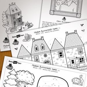May include: A set of black and white paper craft sheets titled Timeless Paper Project Appala Village. The pages feature line art illustrations of Madam Butterfield's home, a portrait of Edith Butterfield, trees, and assembly instructions.