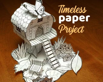 Paper Treehouse fairy house, with Butterfly - Printable 3D Model, DIY Papercraft Project (PDF Download)