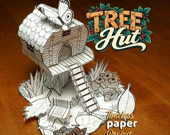 Puede incluir: Un modelo de casa del árbol en papel 3D con diseño de líneas en blanco y negro, una mariposa en el techo, una escalera, una silla pequeña y follaje. El texto dice Tree Hut y Timeless paper Project en letras estilizadas.