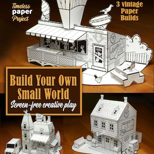 Paquete de plantillas imprimibles para hacer casas de papel. Pueblo de papel, descarga digital. Actividad familiar.