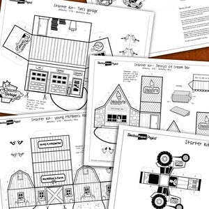 May include: A collection of black and white paper craft templates labeled Timeless Paper Project, featuring printable designs for a garage, ice cream bar, farm, and tractor. Each sheet includes numbered assembly tabs, cut lines, and instructions.