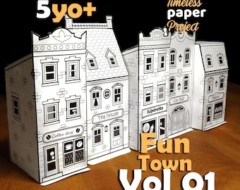 May include: A black and white paper craft project featuring a series of buildings, including a coffee shop, tea house, and bakery. The text on the image reads "Fun Town Vol 01" and "5yo+". The project is labeled as a "Timeless paper Project".