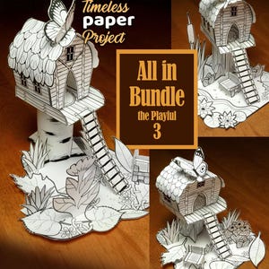 Puede incluir: Paquete de casas en el árbol de papel en blanco y negro con detalles de mariposas. Las casas en el árbol tienen escaleras, plataformas y recortes detallados de hojas y flores. El texto dice "Timeless paper Project" y "All in Bundle the Playful 3".