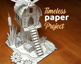 Whimsical Printable lake side Hut Paper Model Kit – 3D Craft Project (PDF)
