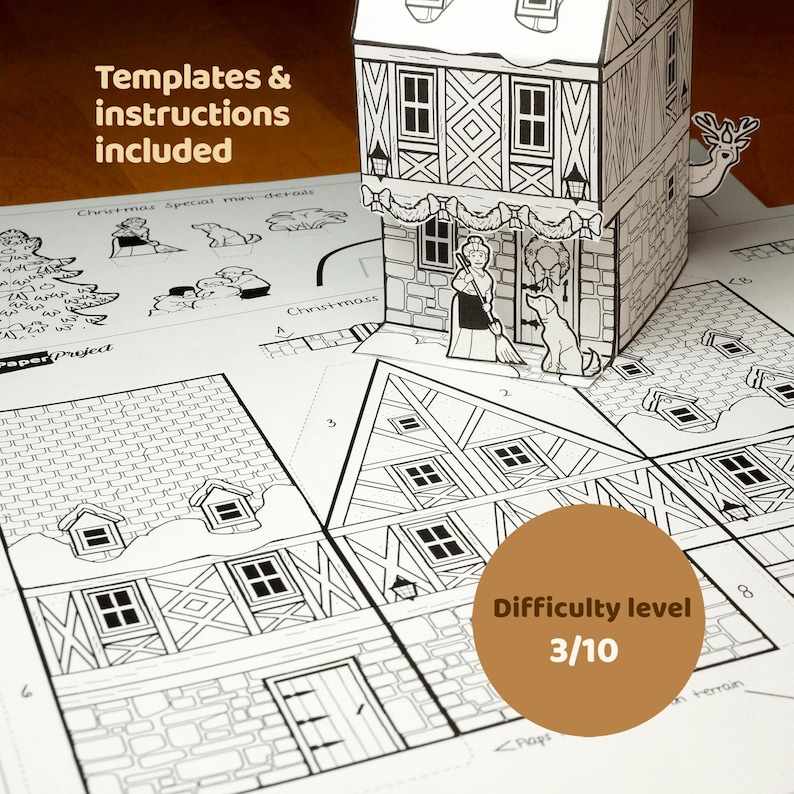 May include: A paper craft kit featuring a black and white printed house template with instructions. The set includes a 3D assembled house model, a person with a broom, a dog, and various Christmas-themed cutouts on flat sheets.
