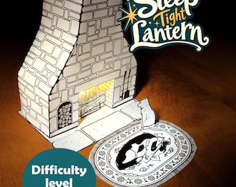 Puede incluir: Una linterna de papel con forma de chimenea de piedra con un interior brillante, que incluye una alfombra de papel plana con una ilustración de un perro durmiendo y un recorte de un perro sentado. El texto dice Sleep Tight Lantern y Difficulty level 1/10.