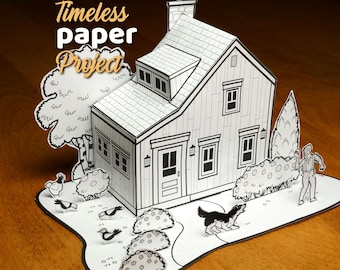 Plantilla descargable de casa de campo de papel, kit 3D imprimible de papercraft