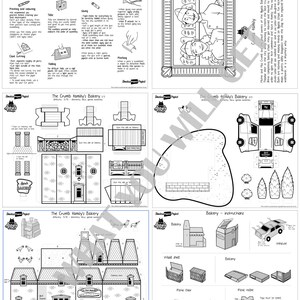 May include: A printable paper craft kit titled The Crumb family's Bakery, featuring six pages of black and white line art templates, assembly instructions, tips, and tricks for constructing a miniature bakery building, a vehicle, and various accessories.