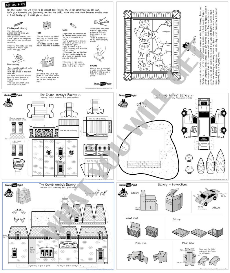 May include: A printable paper craft kit titled The Crumb family's Bakery, featuring six pages of black and white line art templates, assembly instructions, tips, and tricks for constructing a miniature bakery building, a vehicle, and various accessories.