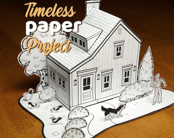 Puede incluir: Un modelo de papel en 3D de una casa con detalles de arte lineal en blanco y negro, que incluye una chimenea con una veleta de gallo, un perro, una persona y arbustos. El texto "Timeless paper Project" está impreso en naranja a la izquierda.