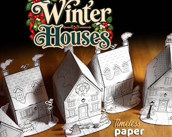 Christmas Winter Village Printable Papercraft Kit – 5 Houses to Colour, Cut, Fold & Glue – DIY Holiday Decorations – Instant Download